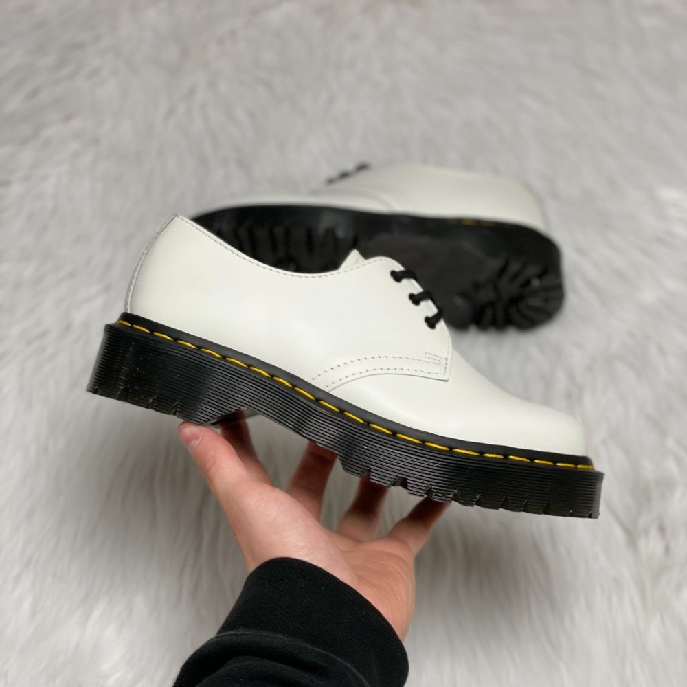 Dr. Martens White Leather 3-Eye Oxford with Black Sole and Yellow Stitching